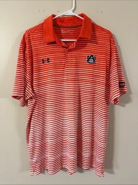 Under Armour Orange and White Striped Polo with Auburn Logo